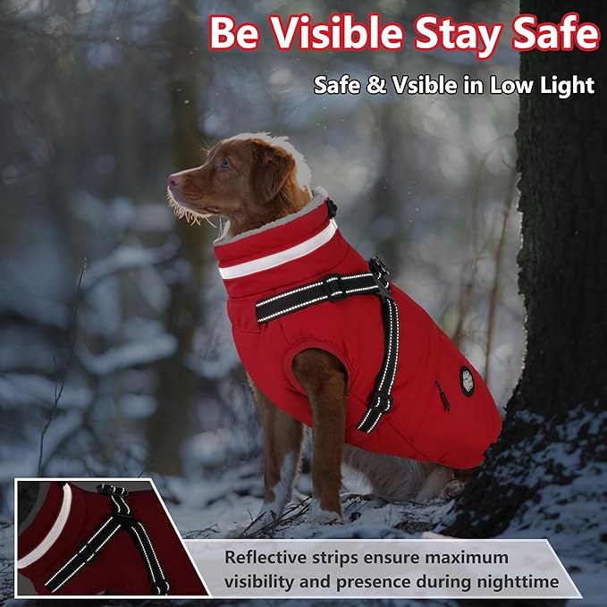 Dogcheer Dog Coat with Harness, Waterproof Dog Jacket, Christmas Puppy Winter Coat with Pocket, Reflective Doggy Turtleneck Puffer Vest for Small Medium Large Dogs - Red, S