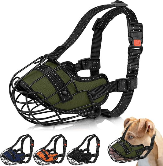 OOPSDOGGY Pitbull Dog Muzzle - Reflective Metal Mask with Wire Basket for Large Dogs - Soft Cage Muzzle to Prevent Biting & Chewing - Adjustable Nylon Straps (Green)