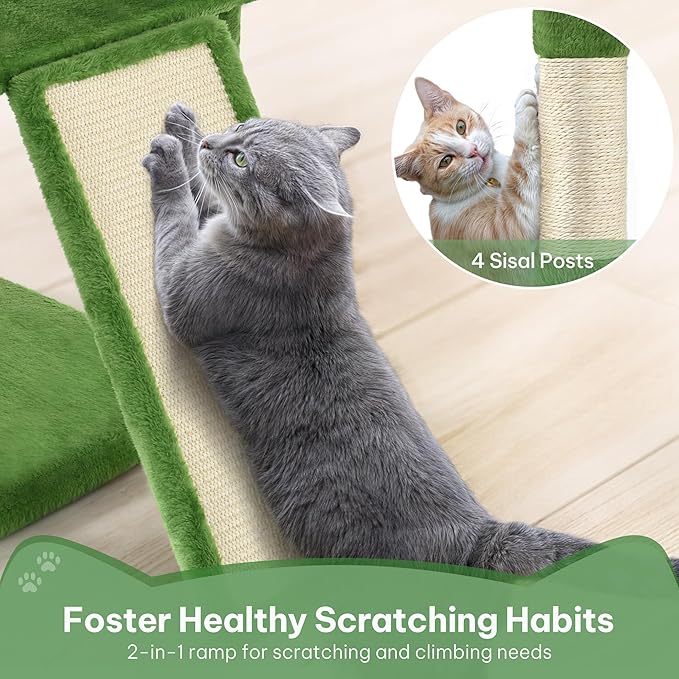 76in Cat Tree for Indoor Large Cats, Tall Cat Tower with Scratching Posts, Cat Tree Tower w/Hanging Balls, Multi-Level Condo Cozy Hammock, House, Large Activity Center, Green