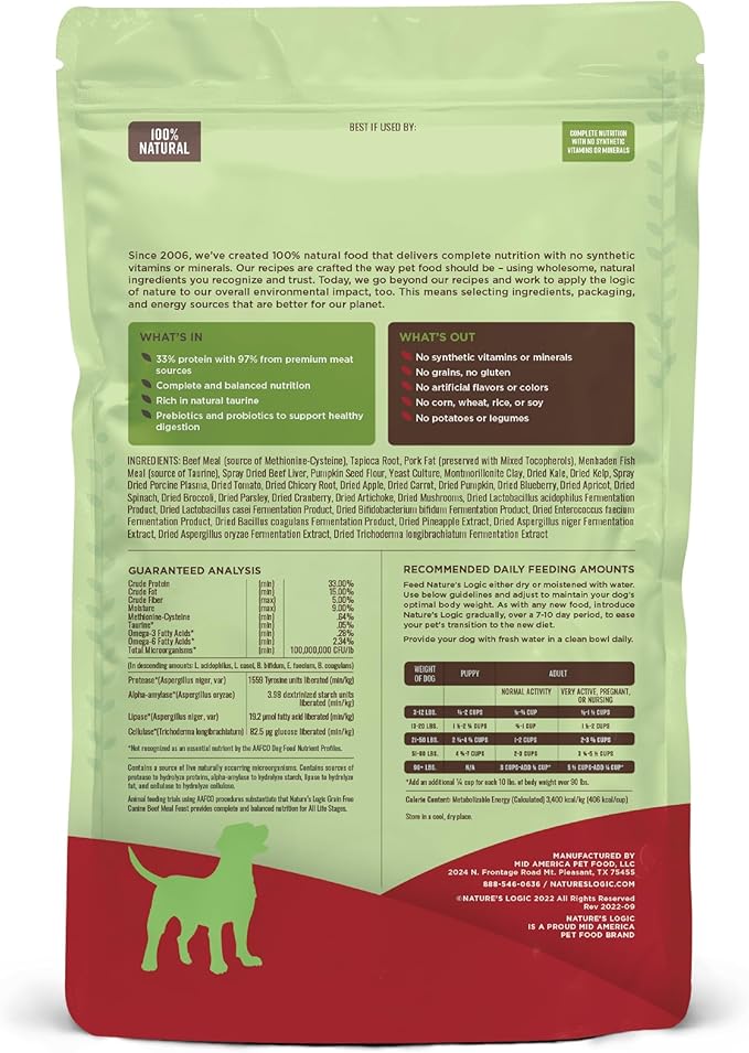 Nature's Logic Grain-Free Dry Dog Food - All-Natural, High Protein, No Synthetic Vitamins/Minerals - Gluten Free - Supports Healthy Digestion - All Breeds & Ages - Beef Meal Feast, 4.4lbs