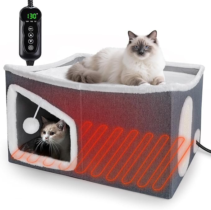 Heated Cat House for Indoor, Large Cat Bed with Heating Pad, Adjustable Temperature&Timing, with Fluffy Ball Hanging and Scratch Pad, Foldable Pet Hideaway for Small Medium and Large Cats (XXL)