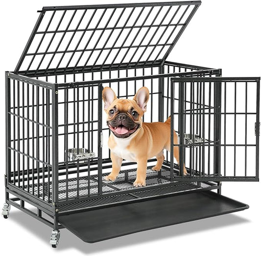 Homey Pet 37 inch Stackable Heavy Duty Dog Crate, Indestructible Escape Proof Dogs Cage Kennel with Lockable Wheels, Removable Tray & Metal Grid, Double Doors for High Anxiety Medium/Small Dogs