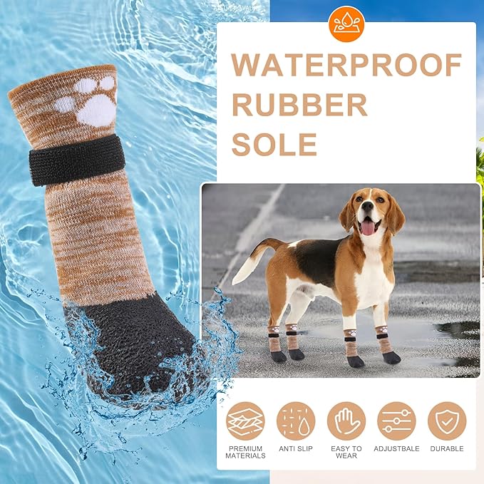 BEAUTYZOO Waterproof Dog Shoes for Small Medium Large Size Dogs, Dog Booties to Prevent Licking for Hardfloors Floors,6 PCS Grip Dog Socks Senior Dog Boots & Paw Protectors for Winter Snow Rain Hiking