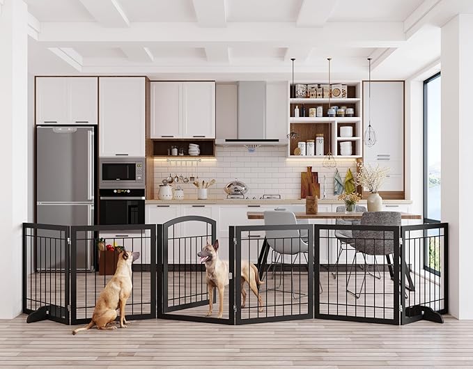 Vantas Folding Pet Gate 144" Wide, 30" Tall No-Assembly Metal Dog Gate, Freestanding Wire Pet Gate, Pet Puppy Safety Fence, Extra Wide with 2PCS Support - Black