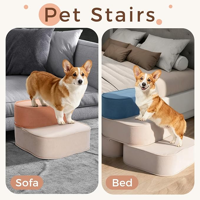 Dog Stairs for High Beds 10.6" H 2-Step Pet Steps Non-Slip Balanced with Washable Cover and Suitable Durable High Density Foam Suitable for Small Dogs Cats or Senior Dogs with Arthritis
