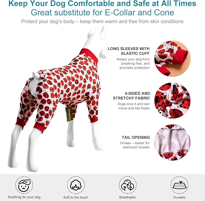 LovinPet Large Dogs Pajamas Clothes, Pitbull Onesie, Slim Fit, Lightweight Pullover Pajamas, Pitbull Clothes, Full Coverage Dog Pjs, Red Ladybug Prints, Full Coverage Large Breed Dog Pjs, XL