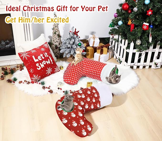 Pawaboo Cat Tunnel Christmas Sock with Bell Balls, Upgraded 2 Way Cat Tunnel Interactive Toy, Pet Xmas Stocking with Crinkle Paper & Strong Spring-Steel Frame for Cat Kitten Kitty, Red Snowman