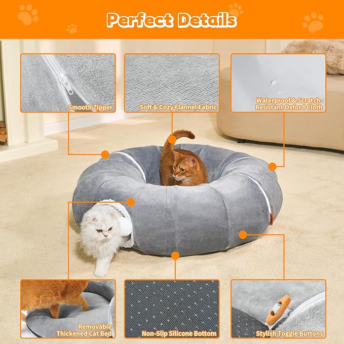 Cat Tunnel Bed 35.5 Inch XL Cat Donut Tunnels for Indoor Cats Cute Tubes Round Pet Play Tunnel Toy for Kitten Puppy Rabbit with Washable Circle Cushion Grey