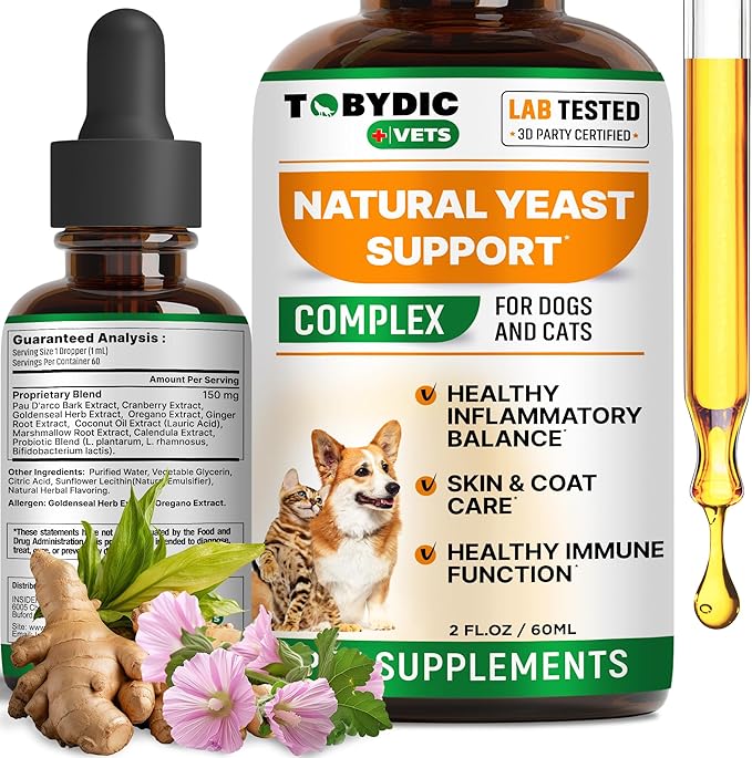 Natural Cats & Dog Yeast Infection Relief - Itchy Skin & Ear Treatment - Reduces Irritation & Relieves Itching and Allergy - Herbal Medicine Drops Supplement - Made in USA