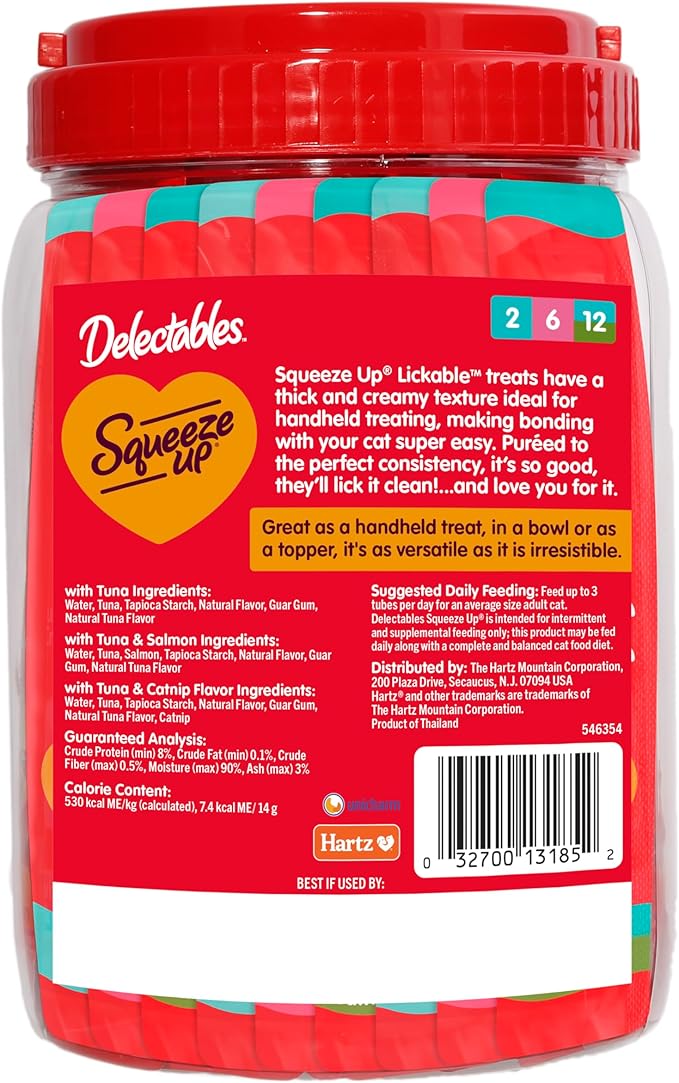 New! Delectables Squeeze Up Tuna Variety Pack, Creamy Squeezable Puree, Lickable Wet Cat Treats, Grain-Free, No Added Fillers, 0.5 Ounces Tube, 48 Tubes Total