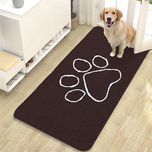 OLANLY Dog Door Mat for Muddy Paws 47x24, Paw Print Design, Absorbs Moisture and Dirt, Absorbent Non-Slip Washable Doormat, Quick Dry Chenille Mud Mat for Dogs, Entry Indoor Entryway Carpet, Brown