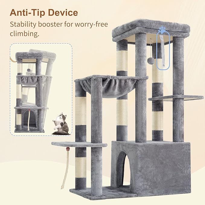 Heybly Heavy Duty Cat Tree, Tower for Indoor Cats Large Adult, Tall Cat Condo House with Extra-Large Baseboard, Multi-Level Plush Furniture with Scratching Posts, Hammock,Toy Balls,Light Gray HCT026W