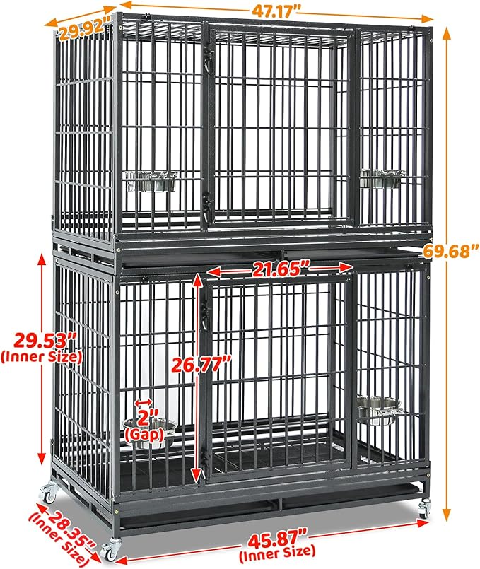 Homey Pet 48 Inch Heavy Duty Indestructible Dog Crate, Stackable Escape Proof Dog Cage Kennel Indoor with Two Trays, Metal Grids, Wheels, Bowls, Double Doors for High Anxiety Large Dogs(2 Tiers)