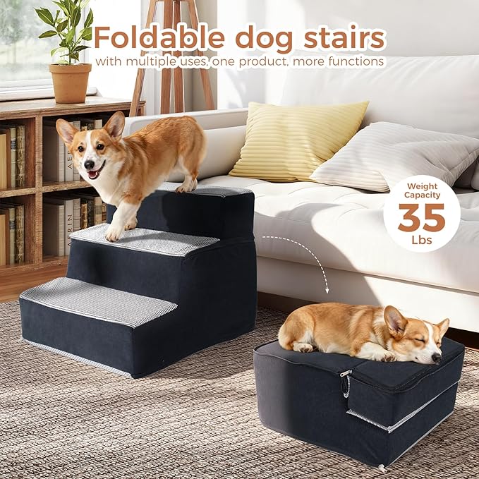 Dog Stairs for Small Dogs and Cats 18.5" H 3-Step DogSteps for High Bed Couch and Sofa High-DensityFoam Dog Ramp withSupporting Boardet Stairs withNon-Slip Bottom Washable Cover