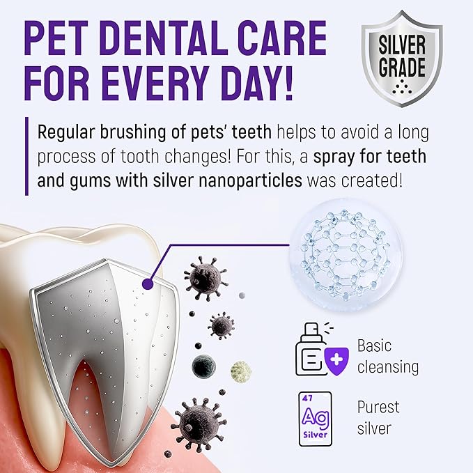 SILVER GRADE Teeth & Gum Dog Breath Spray for Pets Mouth – Cat Dental Care with Silver – Dog Breath Freshener Helps with Tartar & Caries – Plaque Remover for Daily Use – 4 Oz