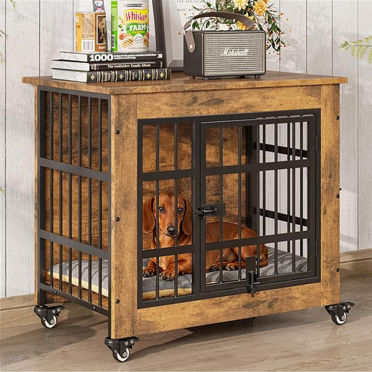 27.1" Dog Crate Furniture with Cushion and Wheels, Wooden Dog Kennel Indoor for Small Dogs, Farmhouse Pet Cage for Anxiety Dog, Rustic Brown (27.1" L x 17.9" W x 24.8" H)