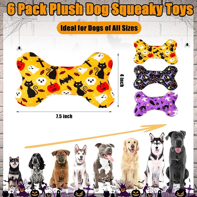 6 Pack Halloween Dog Squeaky Bone Toys Halloween Plush Interactive Dog Pets Birthday Bone Shape Stuffed Chew Toys for Puppy Small Medium Large Squeak Toss Play