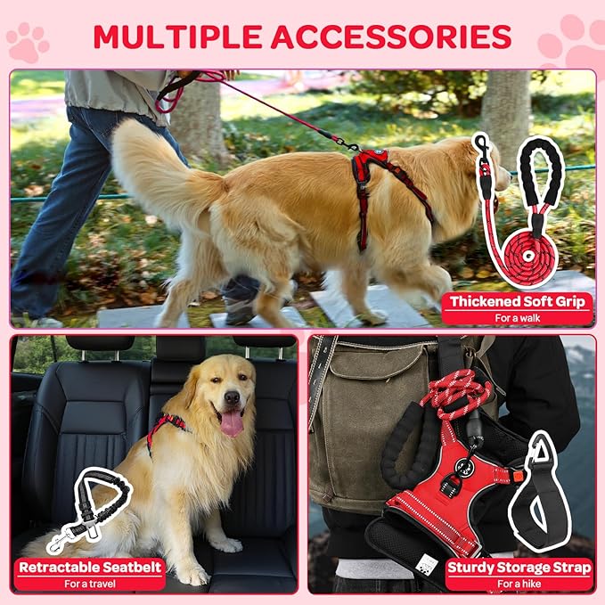 FURRYFECTION Dog Harness | No Pull Dog Harness | Reflective Oxford | Padded Handle | 4 Adjustable Straps | 2 Leash Clips | No Choke Pet Vest Harness for Small Medium Large Dogs | Red | XL