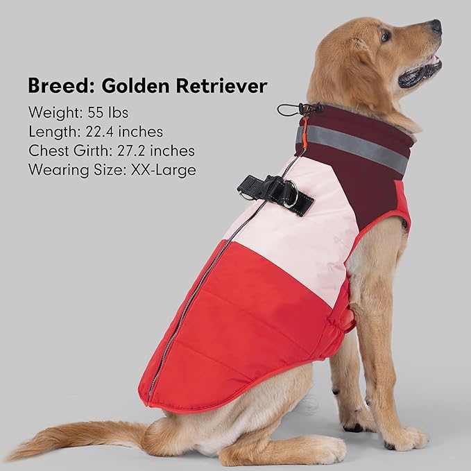 azuza Dog Coats for Large Dogs Waterproof Dog Coat with Reflective Strips and Harness Built in Warm Fleece Dogs Winter Coat Windproof with Back Zipper, Red 3XL