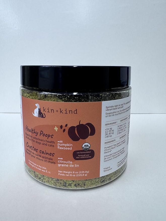 kin+kind Organic Pumpkin Powder for Dogs & Cats for Healthy Poop - Made in USA - Natural Pumpkin Powder Formula w/Flax Seed, Ginger, Turmeric & Coconut - Nutritional Supplement - Large 8oz