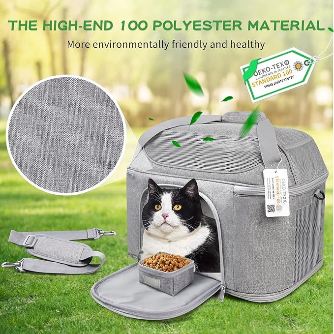 Large Cat Carrier for 2 Cats, Soft Side Pet Carrier for Cats Small Dog Up to 20 lbs, Collapsible Travel Dog Carrier Bag, Oeko-TEX Certified TSA Airline Approved Cat Carrier Backpack (Gray)