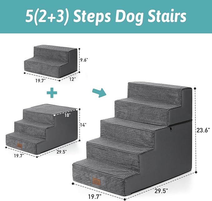 Dog Stairs for Small Dogs, 5 Tier Removable Wider Pet Stairs for Couch and Bed, 23.6" H Non-Slip Dog Steps for Puppies and Old Cats with Support Board, 19.7x29.5x23.6 inch, Dark Grey
