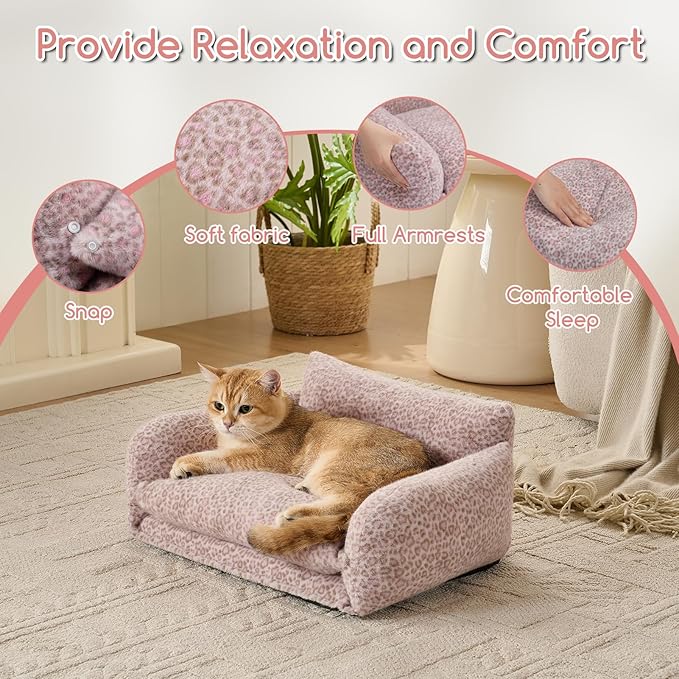 Hollypet Cat Bed Fluffy Plush Mutifuctional Double-Layer Soft Pet Couch Orthopedic Sofa Nest Beds for Small Cats and Dogs, Pink Leopard (21x15x8 inch)