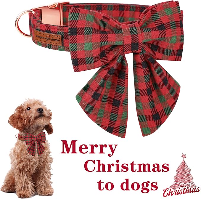 Unique style paws Christmas Dog Collar with Bow Tie Black Red Green Plaid Puppy Collar for Small Medium Large Dogs as Autumn Winter Pet Gifts-XS