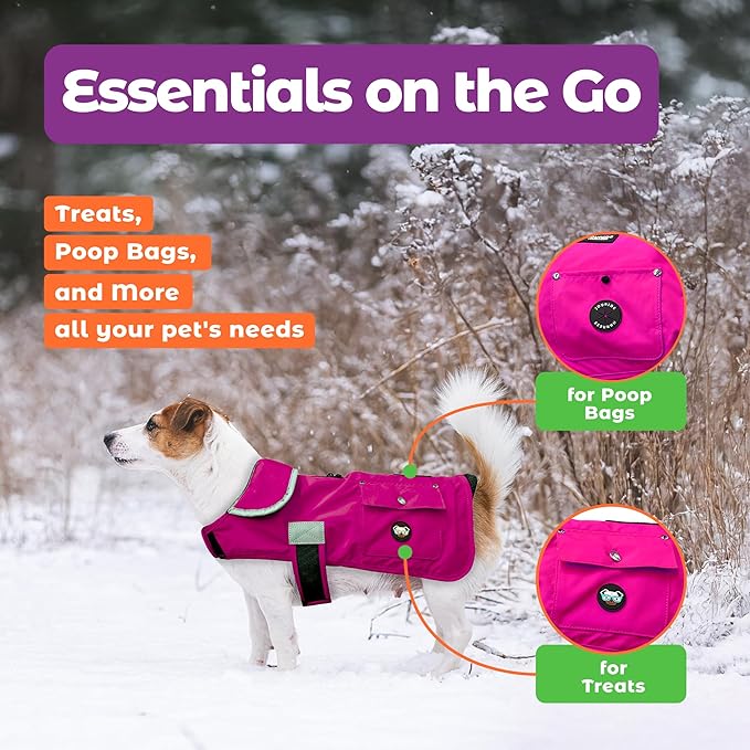 Joyride Harness FrostFlex Dog Winter Jacket - Fleece Lined & Water-Resistant - Snowsuit with Pockets for Treats & Poop Bags - Durable Cold Weather Dog Coat - Pink Berry-L