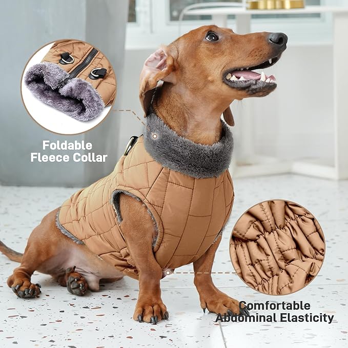 Warm Fleece Dog Coats with Durable Harness Buitl in D-Ring,Waterproof Doggie Jacket for Large Dogs,Dog Vest for Cold Winter,Burnished Khaki XXXL