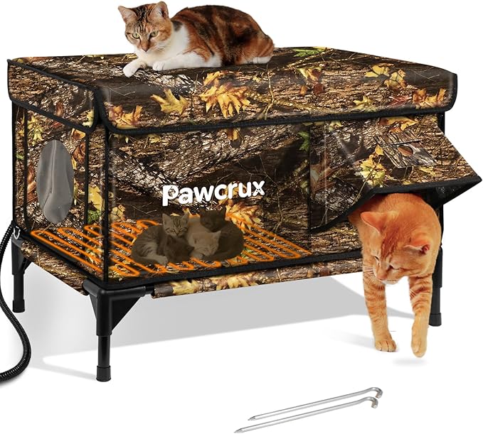 Heated Cat House for Outdoor in Winter, Insulated & Safe Escape Door & Waterproof Heated Cat Bed Shelter with Heating Pad, Warm Home for Outside Feral Barn Stray Kitty(Leaf Color, 17"x25"x17")