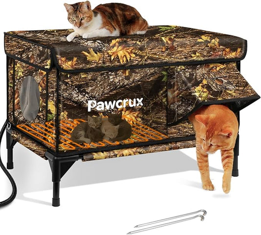 Heated Cat House for Outdoor in Winter, Insulated & Safe Escape Door & Waterproof Heated Cat Bed Shelter with Heating Pad, Warm Home for Outside Feral Barn Stray Kitty(Leaf Color, 17"x25"x17")