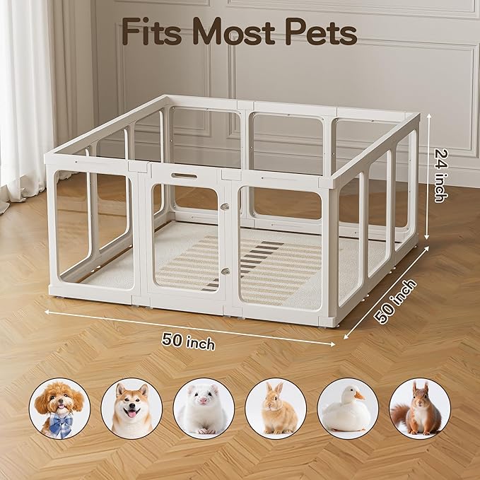 Jalove Acrylic Dog Playpen Indoor, 12 PCS Plastic Pet Playpen with Door, 24“ H Clear Pet Play Pen for Puppy Cat Rabbit Ferret, Easy Assemble Dog Pen, Preferable for Small Cage, White