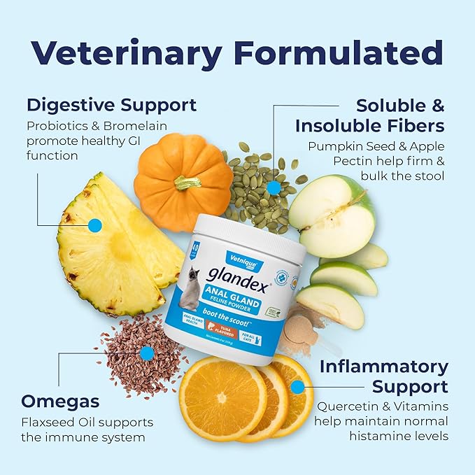 Vetnique Glandex Feline Anal Gland or Daily Probiotic Fiber Supplement Powder for Cats with Digestive Enzyme, Probiotics and Pumpkin, Vet Recommended for Healthy Bowels (4oz, Anal Gland Powder - Tuna)