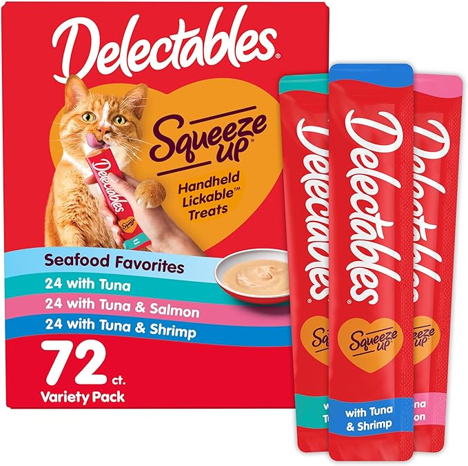 Delectables Squeeze Up Seafood Variety Pack, Creamy Squeezable Puree, Lickable Wet Cat Treats, Grain Free, No Added Fillers, No by-Products, No Added Preservatives, 0.5 Ounces Tube, 72 Tubes Total