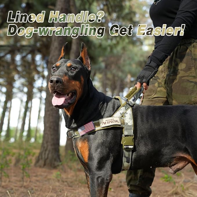 Forestpaw No Pull Dog Harness with Large Handle,Slip on Reflective Vest with Quick Release Buckle,Comfortable Flannel Lining for Medium Large Dogs Walking Training (Includes 3 Patches),Green Camo L