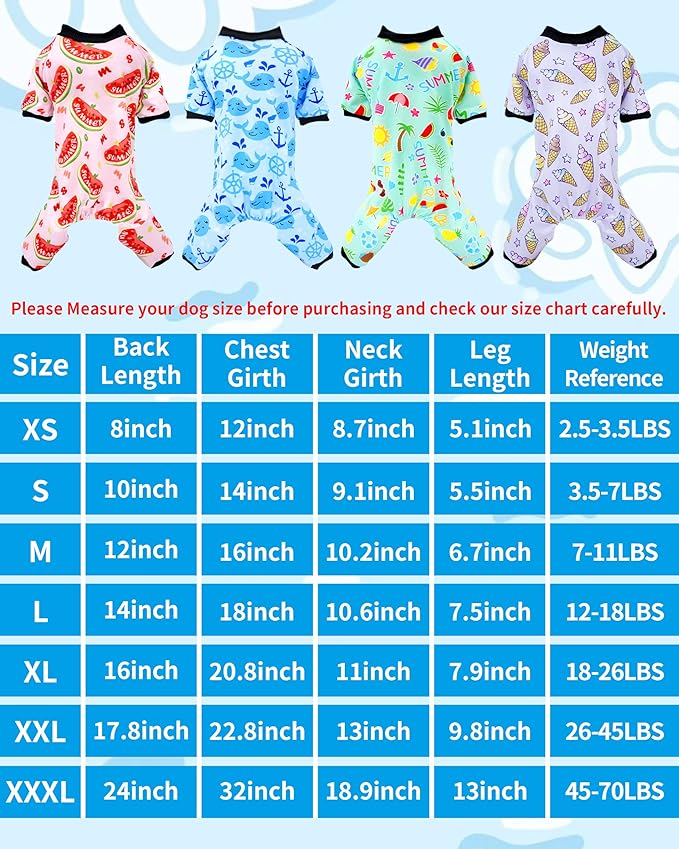 PET SHOW 4 Pack Small Dog Pajamas Watermelon Doggies Soft Stretchy PJs Whale Ice Cream Jumpsuit Puppy Cats Girl Boy Floral Onesies Outfits with Sleeve Pets Breathable Summer Dog Clothes Costume S