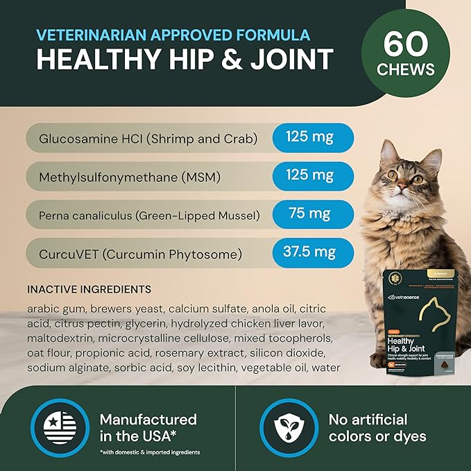 VetriScience Veterinary Strength Healthy Hip & Joint Chews - Cat Joint & Soft Tissue Health Supplement for Mobility - Clinical Strength Formula - Chicken Flavor - 60 Count