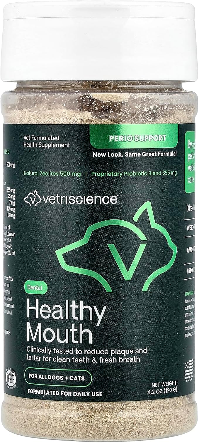 VetriScience Dental Care Powder, Perio Support Clinically Tested Dental Supplement for Small, Medium and Large Breed Dogs, Freshen Breath, Control Plaque and Tartar, Oral Health, 4.2 oz