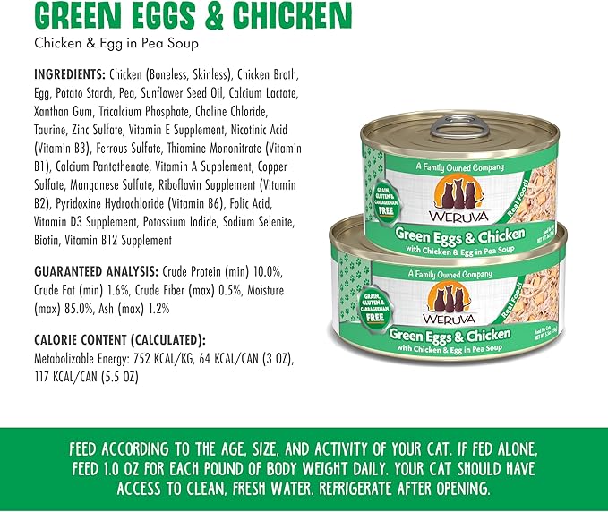 Weruva Classic Cat Food, Green Eggs & Chicken with Chicken Breast & Egg in Pea Soup, 5.5oz Can (Pack of 24)