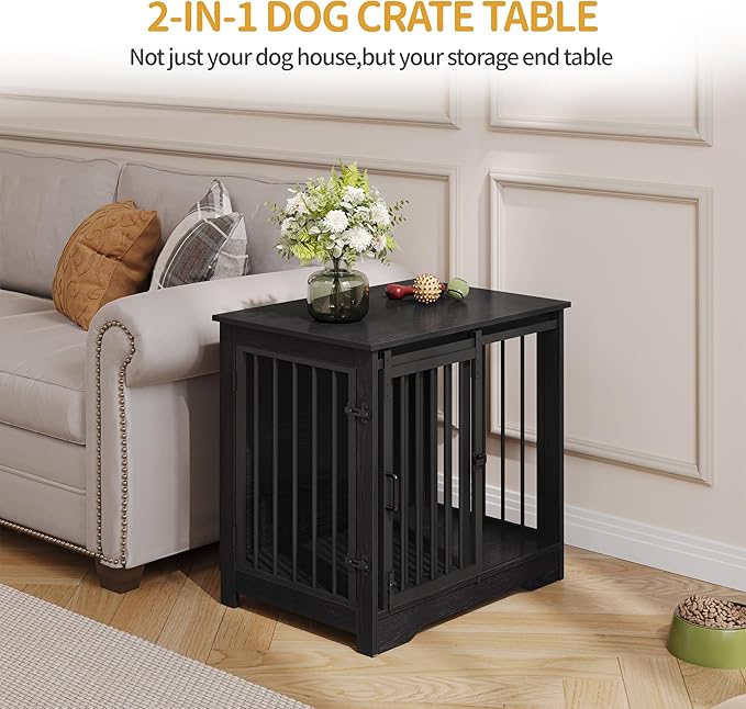 27.2" Dog Crate Furniture with Barn Door, Heavy Duty Dog Kennel Indoor with 2 Doors, Wooden Pet Cage End Table for Small Medium Dogs up to 22 lb, Anti-Chew Anti-Escape, Black DFC84304B