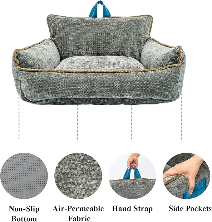 Large Orthopedic Dog Sofa Bed with Sides, Carry Handle & Side Pockets .Plush Chenille Orthopedic Pet Bed Couch for Large Dogs.Portable Snuggler for Indoor Use, Travel & Recovery(Dark Grey)