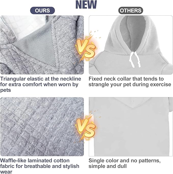 BEAUTYZOO Small Dog Hoodie Sweater with Pockets, Dog Clothes for Small Medium Dogs Boy Girl, Waffle-Like Laminated Cotton Pet Coats with Hat and Leash Hole, Grey XL