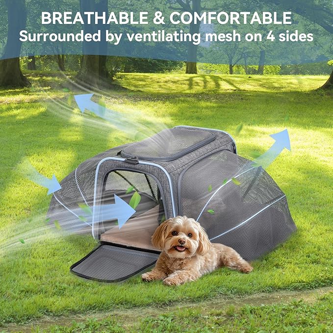 Petsfit Expandable Large Cat Carrier Small Dog Carriers Airline Approved, 17" Lx 11" Wx 11" H Soft-Sided Portable Washable Pet Travel Carrier with 2 Extension for Kittens, Puppies, Rabbits