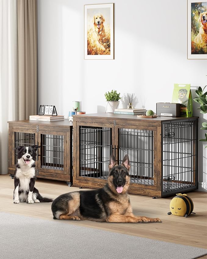 Dog Crate Furniture with Cushion Set of 2, Wooden Dog Kennel Indoor with Double Doors, Dog Cage with Wheels, Dog House Side End Table for Large Dogs up to 85 lb, 44" L, Rustic Brown