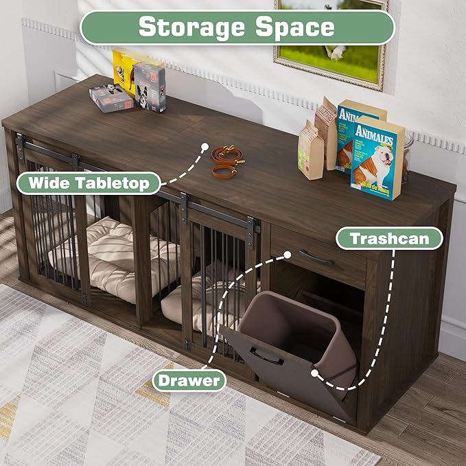 Large Dog Crate Furniture Large Breed,71 Inch Wooden Dog Crate with Tilt Out Trash Cabinet,Drawers,Divider and Sliding Barn Door, Double Doors Dogs Crate for 2 Dogs (Brown)