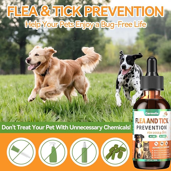 Oral Flea and Tick Support for Dogs and Cats, Natural Dog Flea and Tick Defense, Cat Flea Drops Supplements with Vitamin for Pets - All Breeds and Ages - Bacon