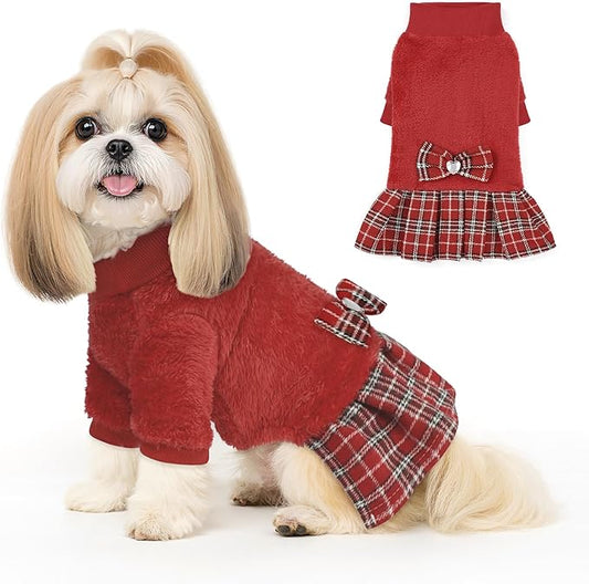 YUDODO Fleece Small Dog Sweater Dress with Bowtie, Female Fall Winter Warm Dog Clothes, Princess Sweater Dress for Small Dogs Girl (Red, Large)