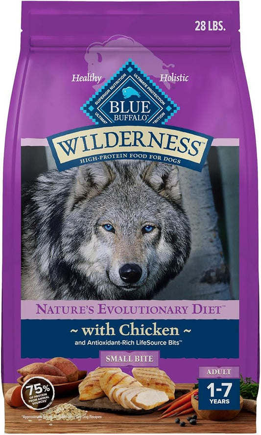 Blue Buffalo Wilderness Natural High-Protein, Small-Bite Dry Food for Adult Dogs, WITH WHOLESOME GRAINS, Chicken, 28-lb Bag