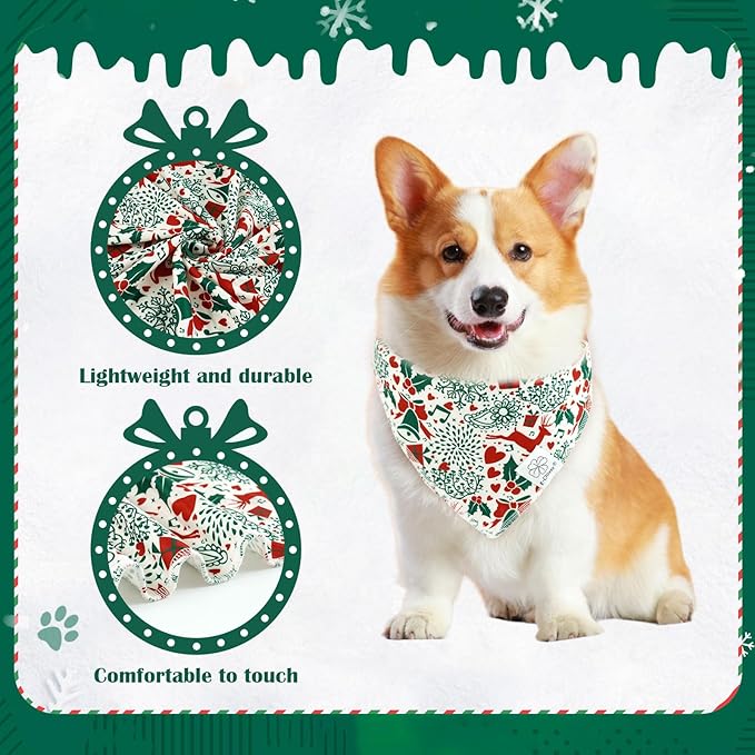 E-Clover Christmas Dog Bandanas & Matching Scrunchie Set White Green Red Dog Scarf Bibs Pet Bandana with Bow Tie for Small Dogs Puppy Owner Mom Winter